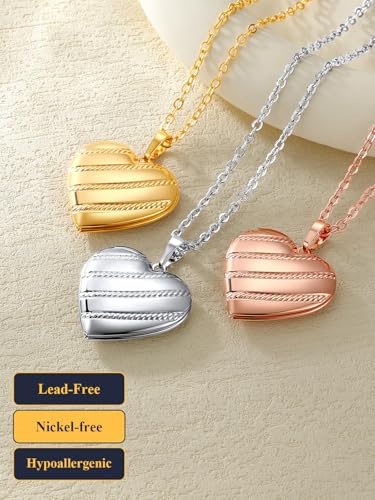 U7 Women Locket Necklace, Heart Photo Lockets Hold Picture, Gift Box Packed - color: 05# Platinum Stripe