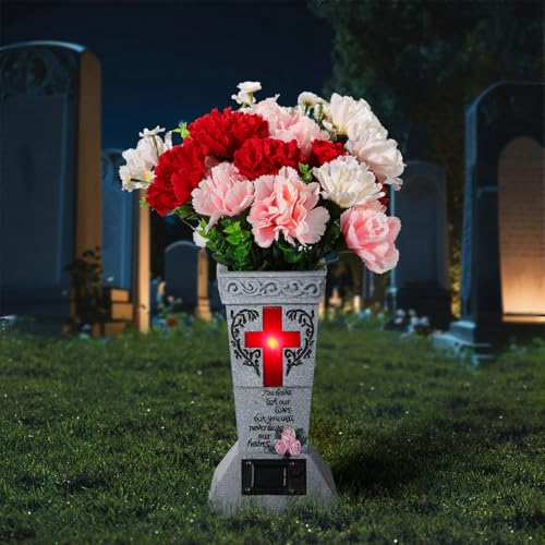 Lewondr Solar Cemetery Vases for Grave, Cross Grave Vases with Spikes | Waterproof Memorial Flower Holder with Solar LED Cross Light,Sympathy Gifts for Loss of Loved One, Gray - color: Gray