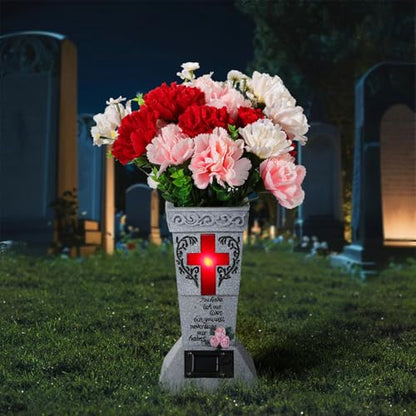 Lewondr Solar Cemetery Vases for Grave, Cross Grave Vases with Spikes | Waterproof Memorial Flower Holder with Solar LED Cross Light,Sympathy Gifts for Loss of Loved One, Gray - color: Gray