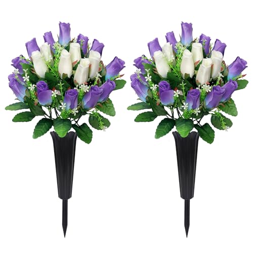 2 Sets Artificial Cemetery Flowers with Vase – Memorial Flowers Bouquet & Heavy-Ground Spike Vases – Fade-Proof, Windproof Grave Memorial Flowers for Cemetery Headstones Decoration (purple white) - color: Purple White