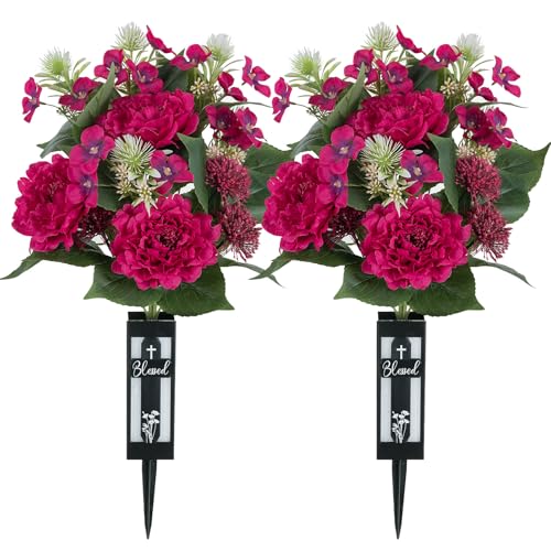 Artificial Cemetery Flowers for Grave: with Vase, 2 Pcs, Hot Pink - color: Hot Pink