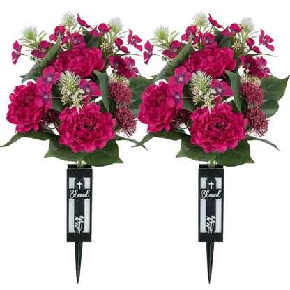Artificial Cemetery Flowers for Grave: with Vase, 2 Pcs, Hot Pink - color: Hot Pink