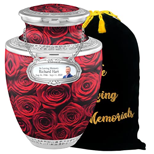 Elegant Rose Cremation Urns for Adult Ashes Male Female - Handcrafted Funeral Decorative Urns for Ashes Adult Male with Velvet Bag (Scarlet Roses Free Personalized Medallion) - color: Scarlet Roses Free Personalized Medallion