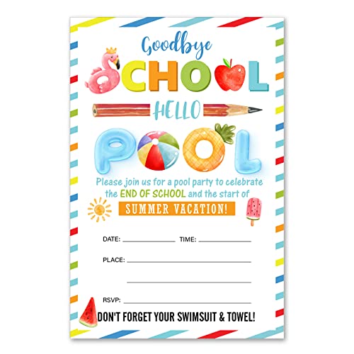 Bifez End of School Pool Party Invitations Summer Goodbye School Hello Pool Invites Fill-in Invitations With Envelopes, Set of 20