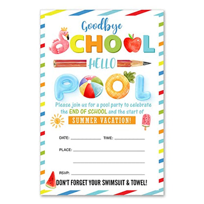 Bifez End of School Pool Party Invitations Summer Goodbye School Hello Pool Invites Fill-in Invitations With Envelopes, Set of 20