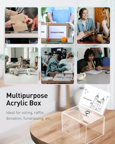 Uniclife 6.3"x 4.6" x 4"Clear Thickened Acrylic Donation Box with Slot Lock | Sign holder attached, serves as plastic storage box for charity, fundraising and tip collection use