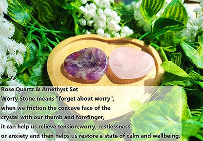 QINJIEJIE 2PCS Rose Quartz Crystals Heart Stones Amethyst Worry Stones - color: C-rose Quartz+amethyst