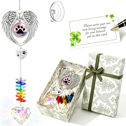 Pet Memorial Suncatcher - Dog Memorial Gifts for Loss of Dog, Pet Loss Sympathy, Thoughtful Dogs and Cats Bereavement Remembrance Gifts, Natural Cat's Eye Paw Crystal Suncatcher