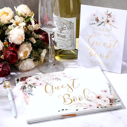 Wedding Guest Book with Pen and Table Sign, 7x9 Inch Photo Guestbook with 88 Lined Pages, Personalized Guestbook Photo Album Sign in Book for Reception Bridal Shower Wedding Birthday Party(Rose) - style: Rose