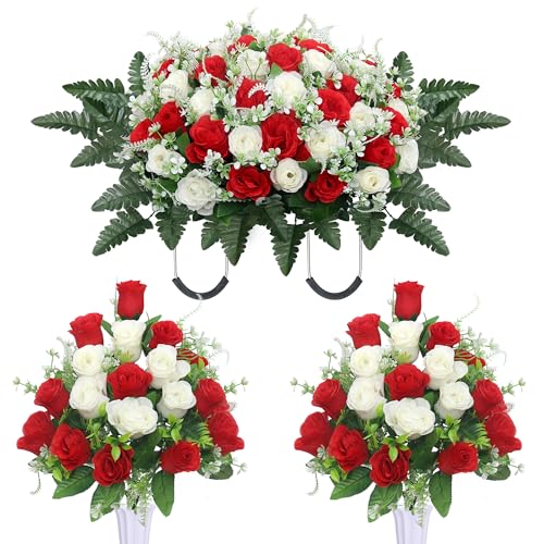 3pcs Headstone Flowers Saddle for Tombstone,Cemetery Flower Memorial Bouquet with Vase,Rose Headstone Flowers Saddle (Red White) - color: Red White