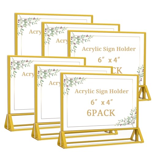 PPH-Sisy Clear Acrylic Sign Holder 6x 4 Horizontal Double Sided Gold Frame Display Stand Table Flyer Holder for Wedding Table Number Menu Holder (6pcs) - color: Gold, size: 4*6-6 Pack-Horizontal
