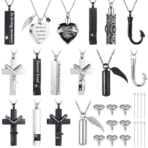 Huquary 16 Pcs Urn Necklace for Ashes Waterproof Stainless Steel Carved Ashes Locket with 8 Filling Kit Heart Cylinder Cross Cubic Fish Hook Jewelry for Ashes with Wing Diamond for Men Women - color: Black