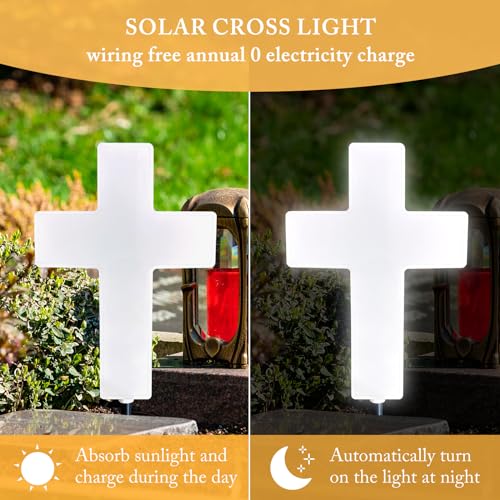 Solar Cross Light for Grave, Cemetery LED Memorial Stake Sympathy Gift - color: White