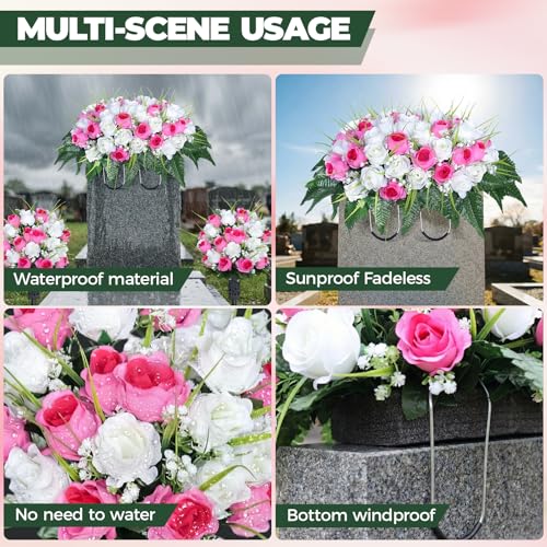 3 PCS Artificial Cemetery Flowers for Grave, Headstone Flower Saddle - color: Pink and White