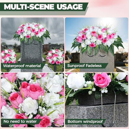 3 PCS Artificial Cemetery Flowers for Grave, Headstone Flower Saddle - color: Pink and White