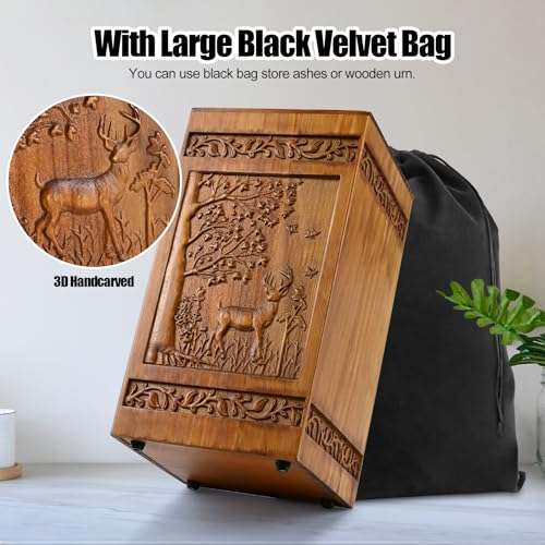 Wooden Cremation Urns for Human Ashes Adult Male Female - Handcarved Deer Wood Urn Boxe with Velvet Bag, 250 lbs Large Capacity Decorative Burial Funeral Memorial Urn
