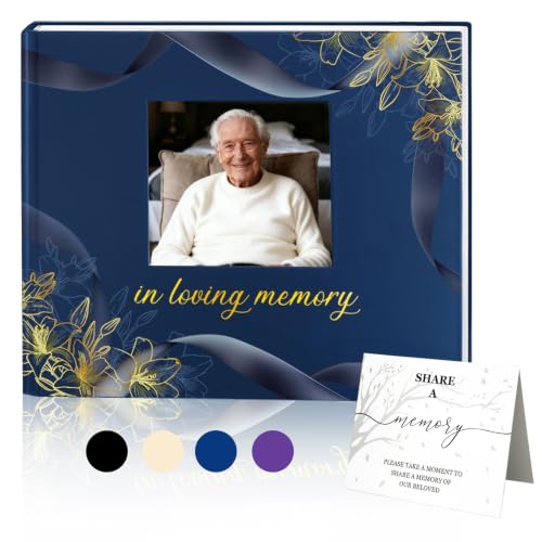 Funeral Guest Book, in Loving Memory Sign in Book with Photo Slot | 330 Entries, Table Sign Card Included, Gold Stamping, Hardcover, Celebration of Life Keepsake, 9x7.5", Navy - color: Navy Photo