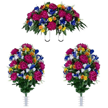 Sympathy Silks - Artificial Flowers for Cemeteries - Fuchsia Mums with Blue Iris - (1) Headstone Saddle (2) Bouquets - size: (1) Saddle (2) Bouquets