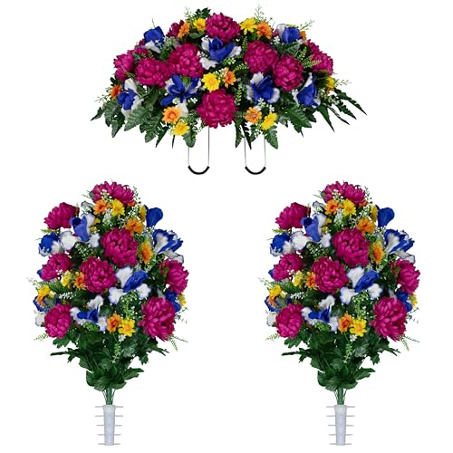 Sympathy Silks - Artificial Flowers for Cemeteries - Fuchsia Mums with Blue Iris - (1) Headstone Saddle (2) Bouquets - size: (1) Saddle (2) Bouquets