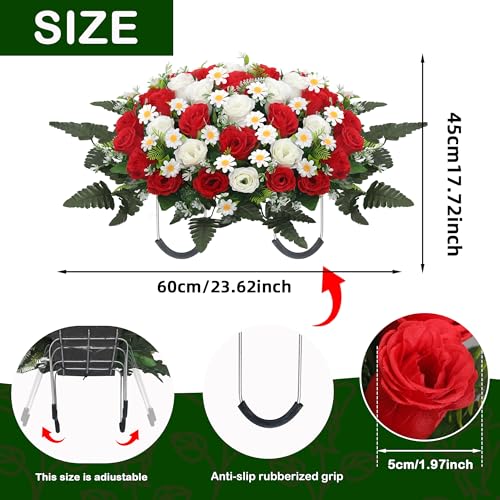 Wocst Headstone Flower Saddle,Large Artificial Cemetery Flowers for Grave Artificial Roses Daisy Saddle for Cemetery Headstone (Red) - color: Red