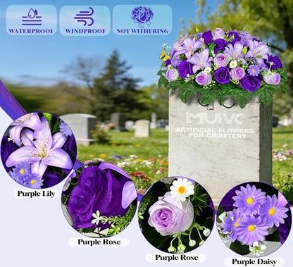 MUVIC Artificial Cemetery Flower for Grave,Headstone Flower Saddle -Purple Lily Rose Daisy, Easy Fit