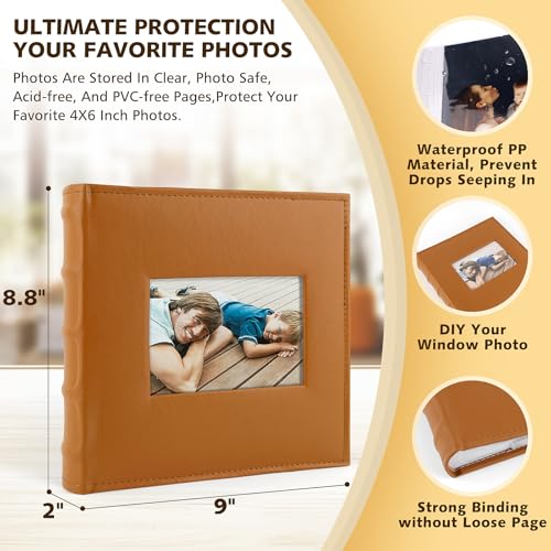 Photo Album Hold 200 4x6 Photos with Front Window for DIY (Brown) | Memo Writing Space,Suede Faux Leather Picture Albums, Picture Book 200 Pockets Fits 4x6 Photo, Travel Wedding Memories - color: Brown