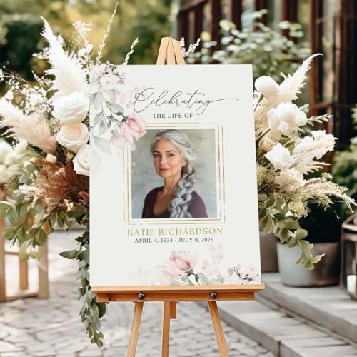 Celebration Of Life Sign With Picture, Funeral Sign Board Personalized, Funeral Welcome Sign Celebration Of Life Sign Pink Floral Roses Memorial Sign Editable - color: Version 2