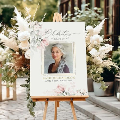 Celebration Of Life Sign With Picture, Funeral Sign Board Personalized, Funeral Welcome Sign Celebration Of Life Sign Pink Floral Roses Memorial Sign Editable - color: Version 2