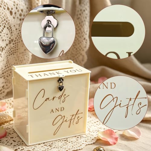 Acrylic Card Box with Lock & Slot, Warmy Cream Money Gift Card Box for Wedding Reception, Cash Envelope Box Ideal for Graduation Bridal Baby Shower Quinceanera & Baptism Party Supplies - color: Cream White