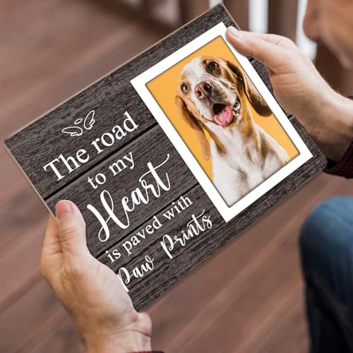 Pet Picture Frame, Pet Wooden Photo Frames Gift, Gifts for Dog Dad Mom, Dog Lovers Gift, Picture Frame for Dogs Cat Pets that Passed, The Road To My Heart Is Paved With Paw Prints, 4x6Inch Photo - color: Dark brown
