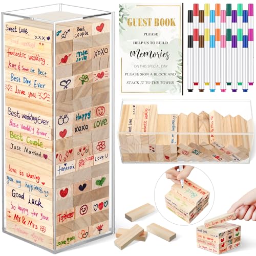 Beeveer 80 Pcs Wedding Guest Book Alternative Wooden Block Guest Book for Wedding Sign in Bridal Shower Decoration 54 Pcs Wooden Block Bridal Shower Game for Sign in, Reception(Greenery) - style: Greenery