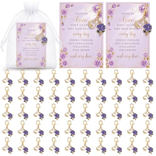 50 Set Memorial Funeral Favors for Guest, Memorial Keychains Sympathy Card Organza Bag, Sympathy Gift for Celebration of Life Funeral Favors Bereavement Guest Return Gift (Rose,Purple) - color: Purple, style: Rose