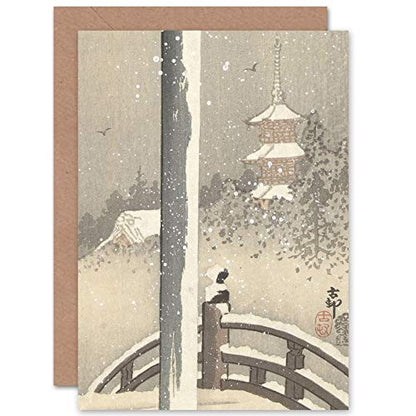 Artery8 Ohara Koson Torii Gate In The Snow Bird Japanese Fine Art Greeting Card Plus Envelope Blank Inside - color: Torii Gate Snow