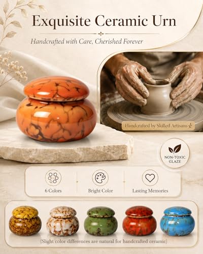 CHONOVO Small Ceramic Keepsake Urn, 1.6'' with Velvet Bag and Box - color: Orange