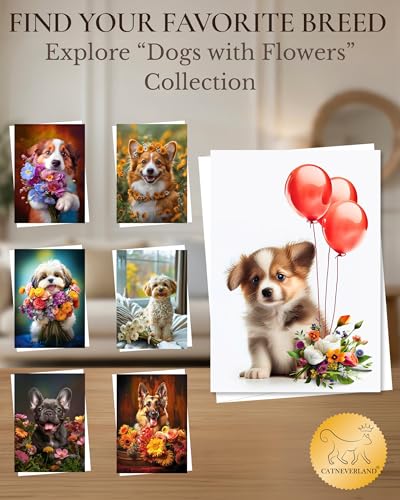 Puppy with Red Balloons and Flowers All Occasions Greeting Card from Unique Dogs Party Delights Collection Large 5x7 Inch Blank Inside with Envelope | 5x7 Inch Card, Blank Inside, Premium Silk Cardstock, Made in USA by USA-Based Pet Friendly Small Busines