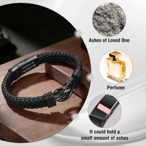 abooxiu Urn Bracelet for Ashes Leather Cremation Bracelet for Human Ashes Stainless Steel Ash Bracelets Memorial Cremation Jewelry Keepsake Bangle for Men - style: Black Knot-Forever in My Heart