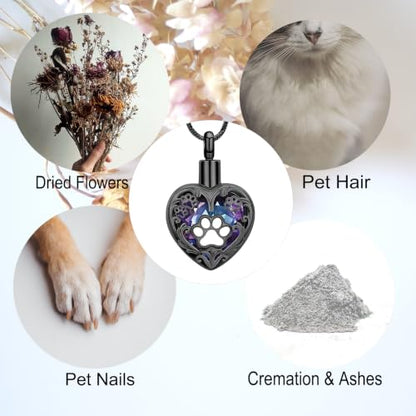 Yinplsmemory Pet Urn Necklace Pendant Jewelry for Dog Cat Memorial Crystal Heart Cremation Jewelry with Paw Print Ashes Keepsake Funeral Jewelry - color: Black-Purple