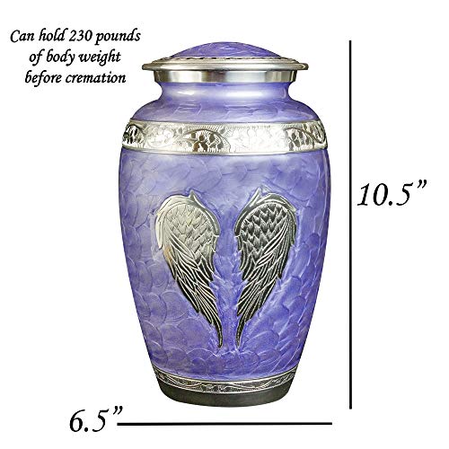 Purple Angel Wings Funeral Cremation Urn with Personalization, Matching Keepsake and Velvet Bag - color: Lilac, size: Large