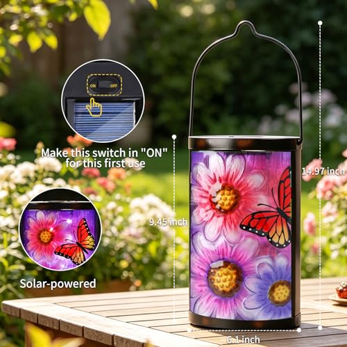 MUMTOP Butterfly Solar Lantern, Hanging Glass Outdoor Garden Light - color: Purple