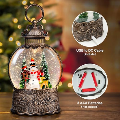 Christmas Snow Globes Lantern with Music, Snowman Snow Globes with Swirling Glitter Effects, USB/Battery Powered with 6-Hour Timer, Christmas Decorations - color: Snowman