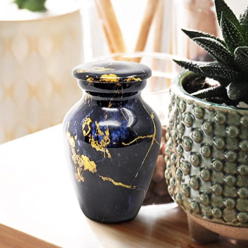 Small Keepsake Urn for Human Ashes 3 Inch – Elegant Marble Finish – Mini Cremation Urn for Sharing – Aluminum Memorial with Secure Lid, Velvet Bag and Funnel Included - Blue Gold Marble Finish - color: 1 Cobalt Blue