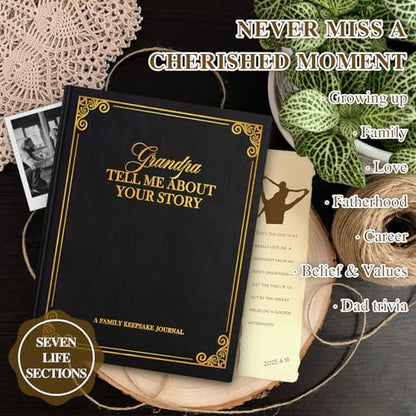 Lanpn Grandpa Life Story Book Journal with 270+ Prompts, Leather Hardcover Grandfather Guided Journal to Fill Out Memory Keepsake Book, Father's Day Birthday Christmas Gift for Grandpas, Black - color: Black