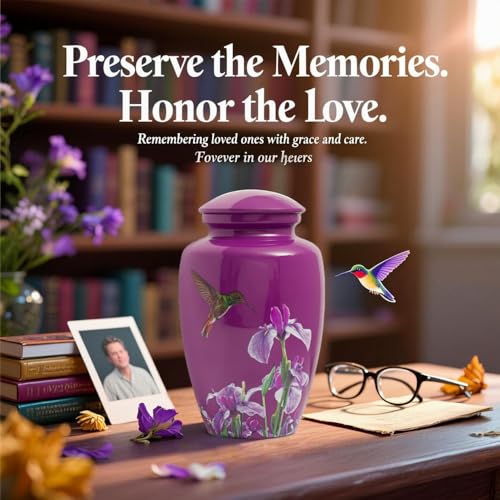 Purple Hummingbird Cremation Urn for Ashes Adult Female Male | Large Urn for Human Ashes Women and Men,Decorative Burial Urn for Mom/Mother/Grandma/Sister(up to 200 lbs) - size: Large,Hummingbird