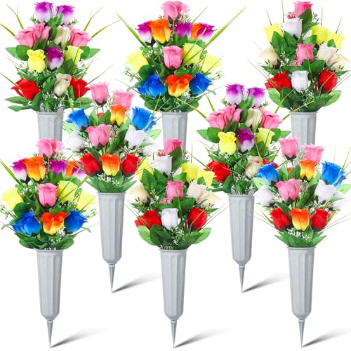 8 Set 16 Pcs Cemetery Vase with Flowers for Outdoor Grave Memorial | Rose Flower Holder, Artificial Floral Bouquet, Funeral Gravesite Flowers, for Headstones, Lawn, Yard Decoration - color: Grey