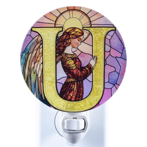 Angel Monogram Night Light – Stained Glass Styled Plug-in Wall Lamp, Victorian Inspired Letter U Design with Manual Switch & Bulb Included – Bedroom, Hallway, Nursery Gift NLA-C025 - color: U
