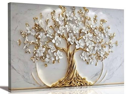 QGJQCFY Tree of Life Canvas Wall Art, Gold White Flowers, 32x16in | Natural Landscape Poster Print, Living Room Bedroom Office Decoration, Ready to Hang - size: 16"L x 12"W