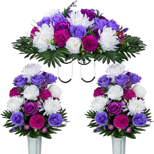 XONOR Artificial Headstone Flower Saddles for Graves, Cemetery Memorial Flowers for Outdoor Tombstone Decorations, Artificial Peony Rose Flowers Saddle (Purple&White, 1 Saddle 2 Bouquets) - color: Purple&white