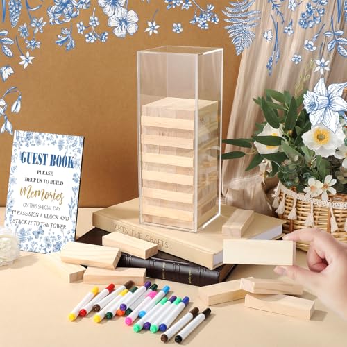Beeveer 80 Pcs Wedding Guest Book Alternative Wooden Block Guest Book for Wedding Sign in Bridal Shower Decoration 54 Pcs Wooden Block Bridal Shower Game for Sign in, Reception(Chinoiserie) - style: Chinoiserie