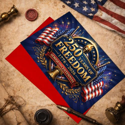 250th Anniversary Card Freedom Torch Flag America Patriotic Gift | 250th Anniversary Freedom Card with American Flags and Liberty Bell for 4th of July Celebration and Patriotic Events - color: ame14