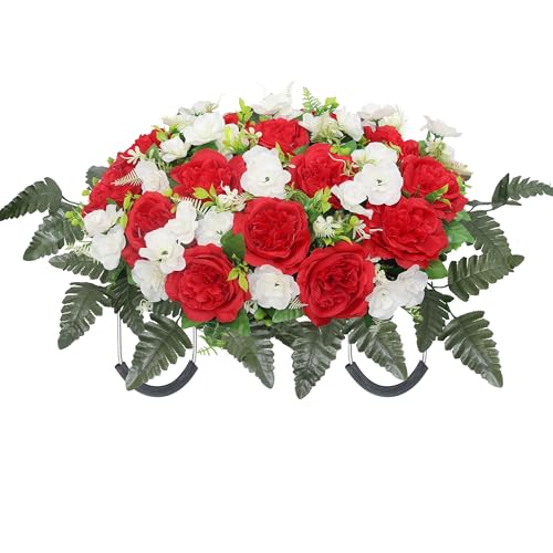 Cemetery Flower Saddle,Artificial Graveyard Flowers Grave Decorations,Headstone Flower Saddle Fade,Artificial Peonies Grave Memorial Flowers for Headstones Decoration (Red White) - color: Red White